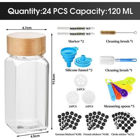 24 stuks kruidenpotjes, rechthoekig, met strooiinzetstuk, kruidenpotjes, kruidenstrooier, glazen kruidenpotjes, set met 168 etiketten, reinigingsborstel, siliconen trechter
