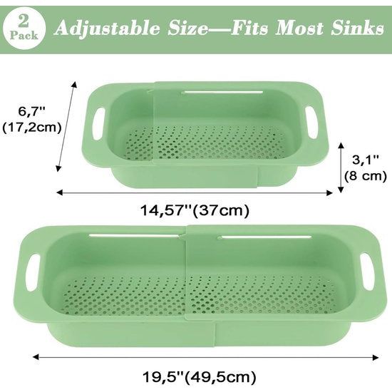 Set van 2 gootsteenzeefjes, afdruiprek voor huis en keuken, ideaal voor het wassen van fruit en groenten of kan worden gebruikt als noodle-gootsteenzeef, BPA-vrij (17 W x 37 - 49,5 L x 8 H) cm -