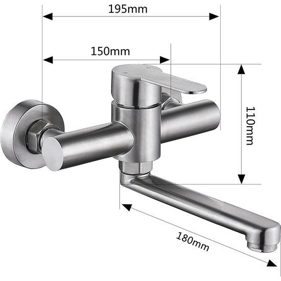 Wandkeukenkraan, wandarmatuur, wandmontage, wastafelarmatuur, waterkraan, eengreepsmengkraan, mengkraan, armatuur voor keuken met 360° draaibare uitloop, kort, 18 cm roestvrij staal