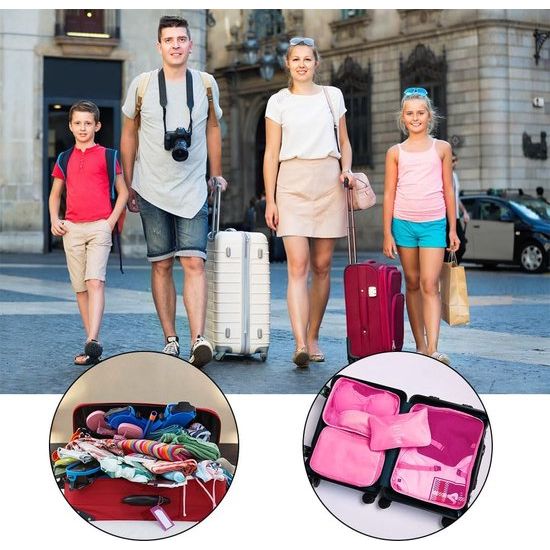 Kofferorganizerset, 8-delig, verpakkingsblokjes, waterdichte reiskledingzakken, inpakzakken voor koffer, kofferorganizer, reistas met make-uptasje, schoenentas, USB-kabeltas (rozerood)