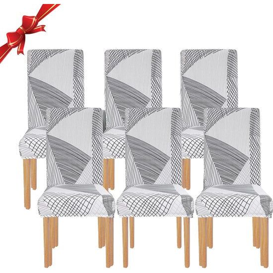 Jaotto - Universele stoelhoezen, stretch stoelhoezen - set van 6 moderne stoelhoezen - elastische duurzame stoelhoezen voor eetkamer decoratie - Wit Geo, 6 stuks