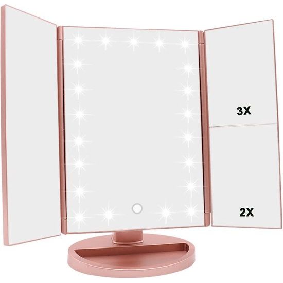 WEILY Verlichte Makeup Spiegel met 21 LED lampen, Dual Power Supply 2X/3X Vergrotende LED (Rose Goud)