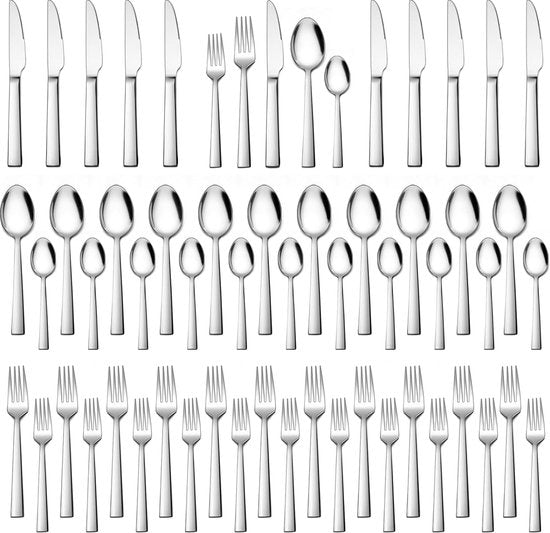 Bestekset voor 12 personen, gepolijst roestvrij staal, 60-delig, elegant bestek met mes, vork, lepel, tafelbestek voor thuis, keuken, restaurant, gezond, vaatwasmachinebestendig