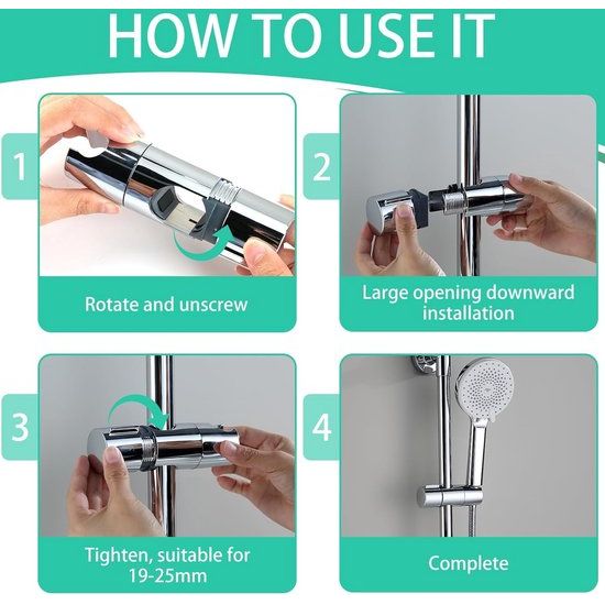 Douchedouchehouder, verstelbare douchekophouder voor glijstang 19-25 mm, 360° draaibaar, douchedouchehouder zonder boren, klikbare douchekophouder, handdouchehouder