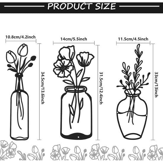 Set van 3 metalen bloem wanddecoratie minimalistische vaas kunst aan de muur zwarte tulp draad ijzer decor bloemen wandsculptuur voor keuken badkamer woonkamer (elegant, liefde, eeuwigheid)