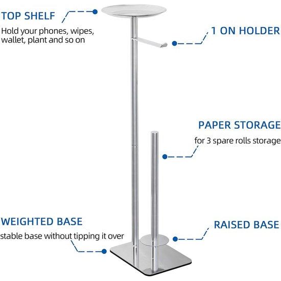 Freestanding Toilet Paper Holder with Reserve, 304 Stainless Steel Toilet Paper Dispenser Paper Roll Storage Rack for 4 Large Rolls, with Base Waterproof, Rustproof Modern Matt (Silver)