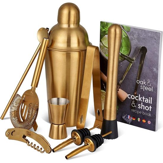 10-Delige Gouden Cocktail Set, Complete Geschenkset met Roestvrijstalen Cocktailshaker, Schenktuit, Muddler en Meer