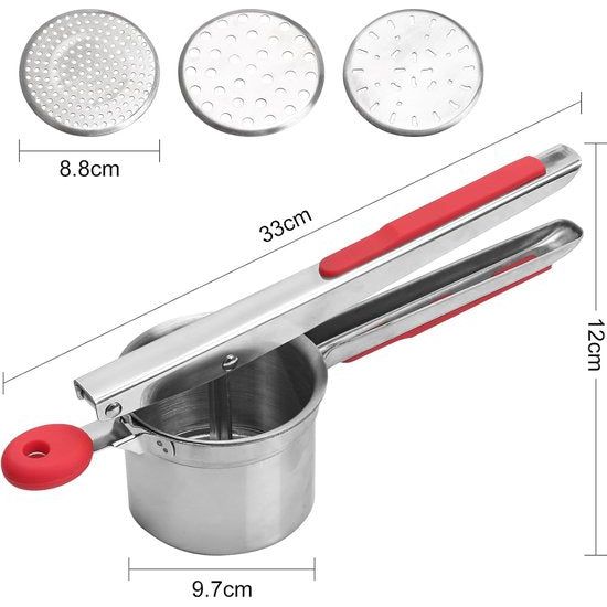 Aardappelpers van roestvrij staal, professionele spaghetti-ijspers met 3 gaten, aardappelstamper, spätzlepers, siliconen handgrepen voor aardappelpuree, babyvoeding, sap, citroen uitpersen