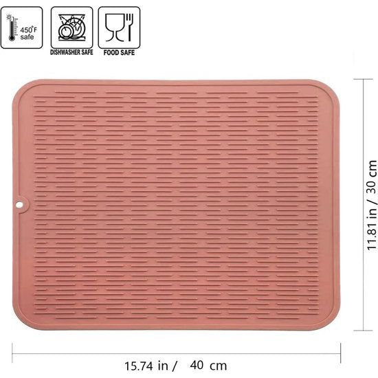 Afdruipmat van siliconen, 40 cm x 30 cm, milieuvriendelijk, hittebestendig en antislip, dikke droogmat voor het opbergen van bestek en servies, roze, groot