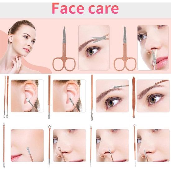 Manicure set, 26-delige professionele nagelknipper set, roestvrij staal nagelset gereedschap voor manicure en pedicure, nagelriemreiniging, geavanceerd ontwerp met ritssluiting, roze