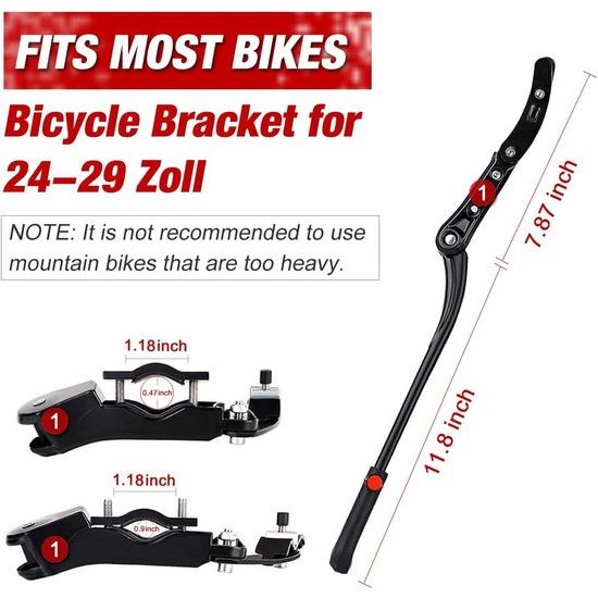 fietsstandaard, instelbaar, aluminiumlegering, anti-slip rubberen voet, zijstandaard voor fietsen maat 24 - 29 inch, mountainbikes, MTB en andere modellen