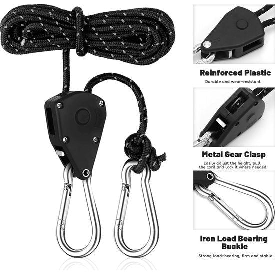 Klik op de afbeelding voor een uitgebreide weergave Set van 4 ratelhangers Verstelbare touwhanger 4M, 1/8 inch Rateltouw Trekratel Ratelhaak Verstelbare touwhaak Ratel Touwratel voor kamerplanten Buitentent (zwart)