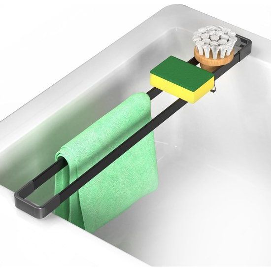 Gootsteenorganizer, multifunctioneel afvoerrek Gootsteensponshouder Keuken, 43cm Vaatdoekhouder Doekhouder Gootsteen, Gootsteen Gootsteenorganizer Smal, Hittebestendig, Zwart