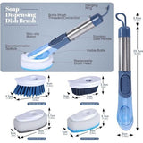 Afwasborstel met afwasmiddeldispenser, reinigingsborstel met 4 verschillende reservekoppen, keukenreinigingsborstel met 27 cm steel voor servies, potten, keukenspoelbakken reiniging