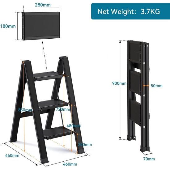 Trapladder, 3 treden, inklapbaar, aluminium vouwladder, draagbare vouwladder met breed anti-slip pedaal, opvouwbare huishoudladder, lichte ladder, draagvermogen 150 kg, zwart