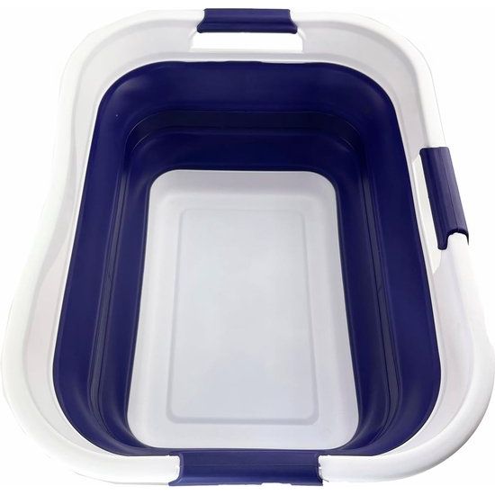 30 l opvouwbare wasmand van kunststof, opvouwbare pop-up opbergbak/organizer, draagbare wasbak, ruimtebesparende wasmand (1, wit/marineblauw)