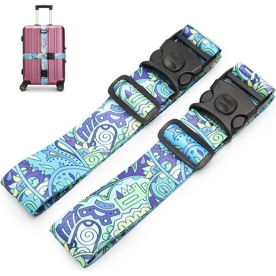 2 stuks kofferriem, kofferband, verstelbare, gepersonaliseerde bagageriem met afsluitbare gesp voor koffer, riem, reistas (blauwe bloem)