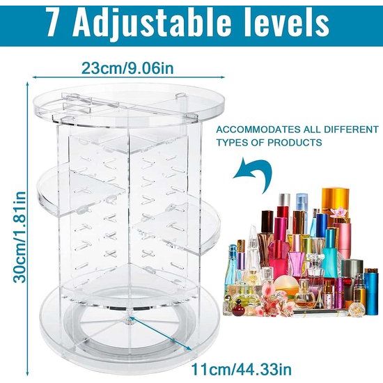 Make-up cosmetica-organizer, 360 graden draaibaar, 7 verstelbare niveaus, grote capaciteit, make-up-organizer, make-up-opbergbox voor dressers, slaapkamer, badkamer, transparant