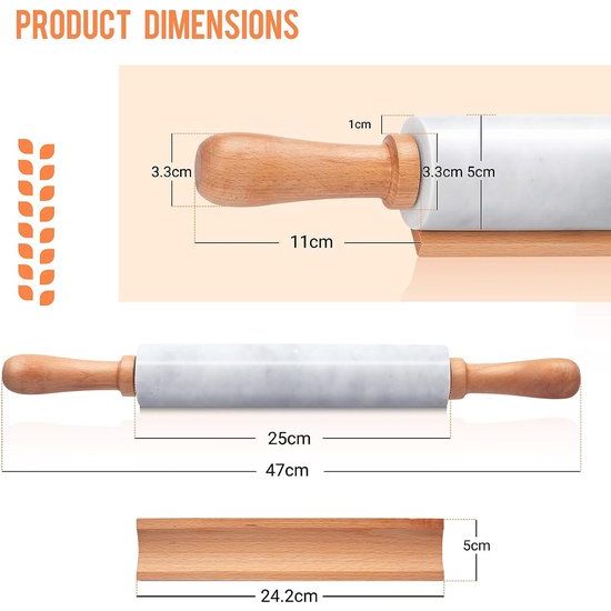 Marmerdeegroller set deegroller met houten handvat wieg 25,4 cm roller wit