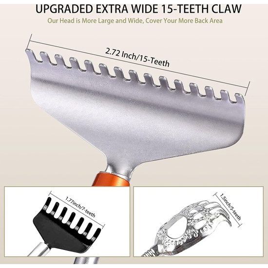 Back Scratcher voor mannen, met massief houten handvat massageroller, extra brede 15-teeth claw robuuste stalen handmassagers, 62 cm