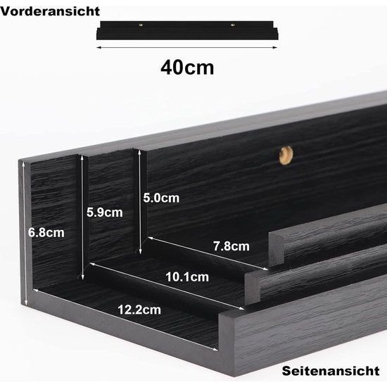 40 cm lang wandrek, zwart, rustiek zwevend rek, fotolijst voor woonkamer, keuken, kinderkamer of slaapkamer, 3 stuks in verschillende maten