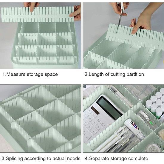 Doe-het-zelf lade-organizer, set van 16 opbergsystemen van kunststof, scheidingswanden, verstelbare bureau-organizer, ideaal voor sokken, cosmetica, schrijfwaren en meer. (groen)