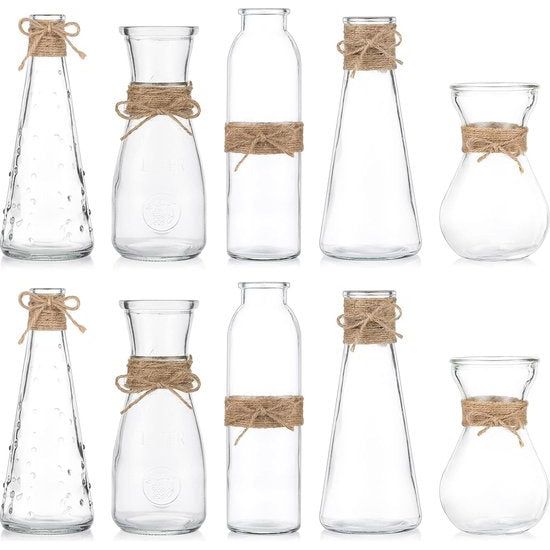 10 stuks heldere glazen bloemenvazen, glazen vazen Bud met touwdesign in verschillende unieke vormen, bloemenvaas middelpunt voor bruiloftsreceptie, bruidsreceptie, babyshower, feest.