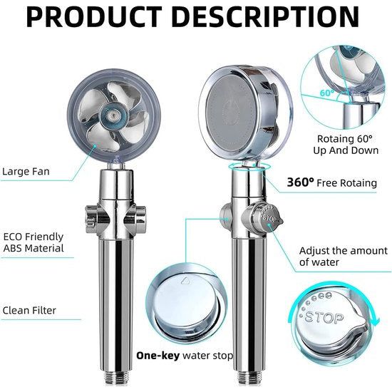 Pipihome - Hogedruk-waterbesparende douche, Inclusief 2 extra katoenfilters, 360 graden draaibare propeller-aangedreven handdouchekop met filter (Zilver)