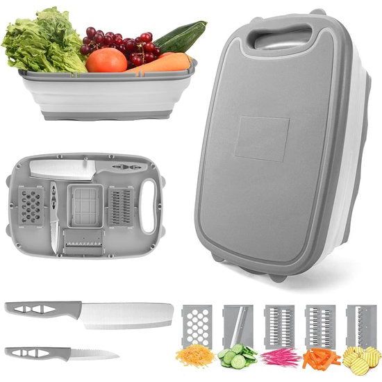 9-in-1 snijplank, multifunctioneel, keuken met 5 groentesnijders en 2 messen, draagbaar, kunststof, opvouwbare afvoermand voor camping, barbecue, outdoor