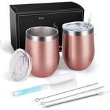 2 stuks wijnbekers roestvrij staal, stemless wijnbekers met deksel, dubbelwandige onbreekbare reisbeker voor melk, koffie, wijn, bier, champagne, cocktails, roségoud