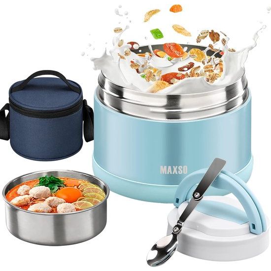 Thermische container voor voedsel 700 ml, roestvrijstalen warmhoudcontainer met lepel, thermische lunchbox, warmhouddoos met brede mond, voedselcontainer, lekvrij voor soepen, pap, babypap, blauw
