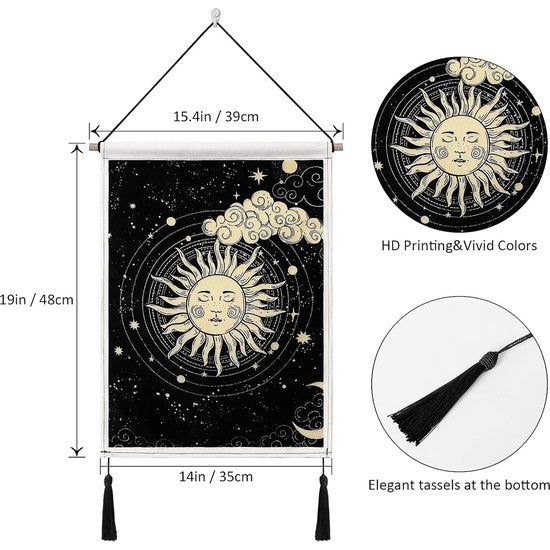 2 stuks maan en zon wandtapijt met kwastjes tarot zwarte banner wandbehang wandkleed bohemian psychedelisch muurkunst decor voor slaapkamer woonkamer