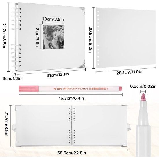 Fotoalbum 29,5 x 21 cm fotoalbum om zelf vorm te geven, wit fotoboek met 80 pagina's scrapbook, voor 160 foto's, inclusief 6 metallic kleurmarkers, gastenboek voor verjaardag en bruiloft (wit)