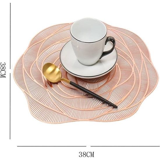 Set van 6 placemats, roségoud, ronde uitgeholde placemat, afwasbaar, antislip, vinyl, pvc, hittebestendig, voor keukentafel (38 x 38 cm)