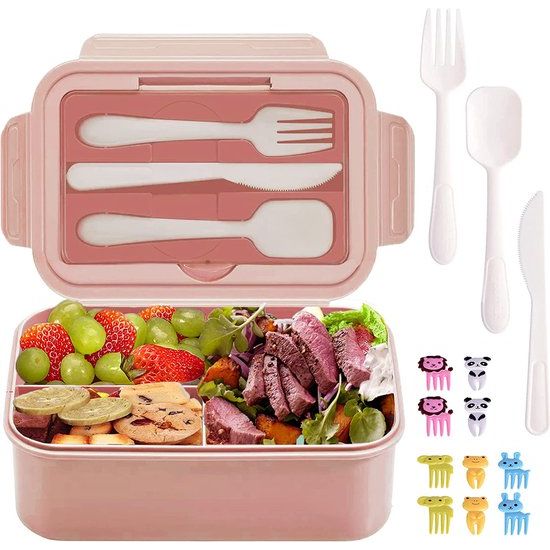 Broodtrommel voor kinderen met vakken, lunchbox voor kinderen, lunchbox voor volwassenen met onderverdeling, Bento Box, lekvrij met bestek, BPA-vrij, geschikt voor de magnetron, school, picknick