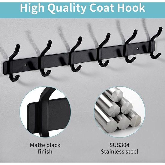 Kledinghaken, haaklijst, garderobehaken, RVS met 6 haken, wandhaken, garderobelijst voor slaapkamer, badkamer (zwart, 6 haken, 2 stuks)