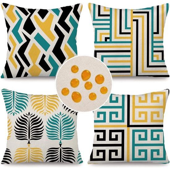 Waterdichte kuslus, 4 stuks, 45 x 45 cm, decoratief buitenkussen, waterdicht, koppeling, geel-zwart, geometrisch patroon, kussenlus, cadeau voor bankkussen, tuin, buiten