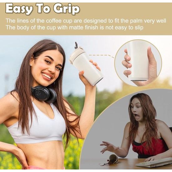 Thermische mok, koffiemok voor onderweg, 400 ml, set van 2, roestvrij staal, lekvrije reismok met rietje, dubbelwandige geïsoleerde mok voor koffie, thee, glühwein, warm en koud, zwart en wit