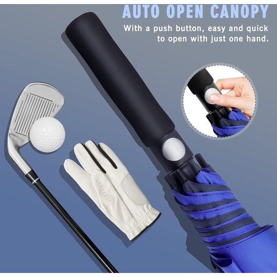 Winddichte paraplu, grote, XL golfparaplu met automatisch openen/sluiten voor mannen en vrouwen, reisparaplu met draagriem (donkerblauw)