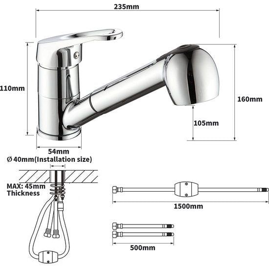 Engreeps-keukenkraan met 2 straalsoorten, vaatdouche, waterkraan, keuken, uittrekbaar, wastafelarmatuur, armatuur met 360° draaibaar, chroom, eenhandsmengkraan voor keuken