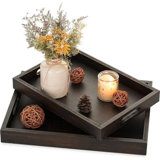 Decoratief dienblad, houten dienblad, dienblad, decoratieve borden, hout, rechthoekig, bruin, dienbladen, 2 stuks, vintage houten borden met handvat, dienbladen voor kaarsen, theelicht