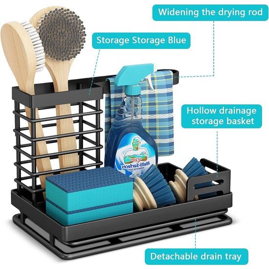 Spoelbakorganizer, roestvrij staal, met kunststof afvoerpan, gootsteenorganizer voor keuken en badkamer, spons, borstels, zeepdispenser, zwart