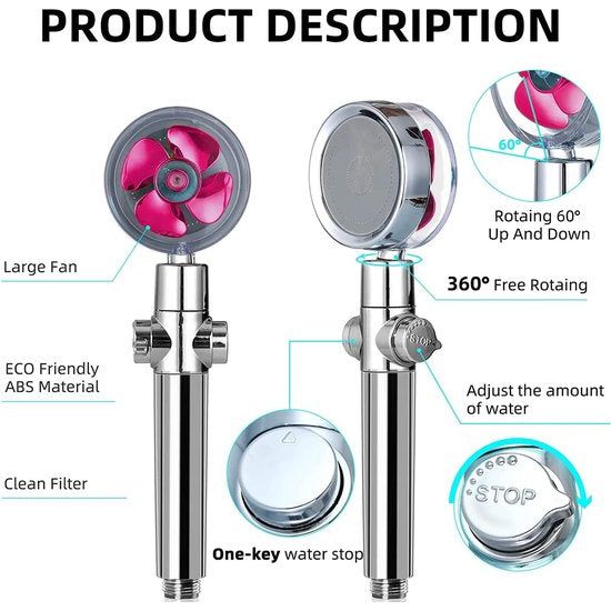 Pipihome - Hogedruk-waterbesparende douche, Inclusief 2 extra katoenfilters, 360 graden draaibare propeller-aangedreven handdouchekop met filter (Rood/Roze)