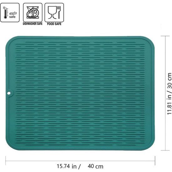 Afdruipmat van siliconen, 40 cm x 30 cm, milieuvriendelijk, hittebestendig en antislip, dikke droogmat voor het opbergen van bestek en servies, groen, groot