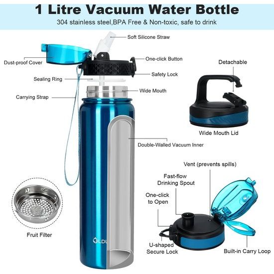 Roestvrijstalen waterfles met drinktuit, 1 l, vaccum geïsoleerde grote drinkfles, metaal, 1 liter, lekvrij, houdt warm en koud, voor fiets, camping, sport, met verschillende deksels