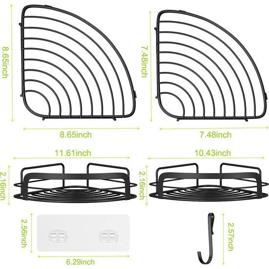 STEUGO Hoekrek douche zonder boren, zwarte shampoohouder douche zonder boren, badkamer douche opslag met 4 haakjes, 2 stuks, roestvrij staal