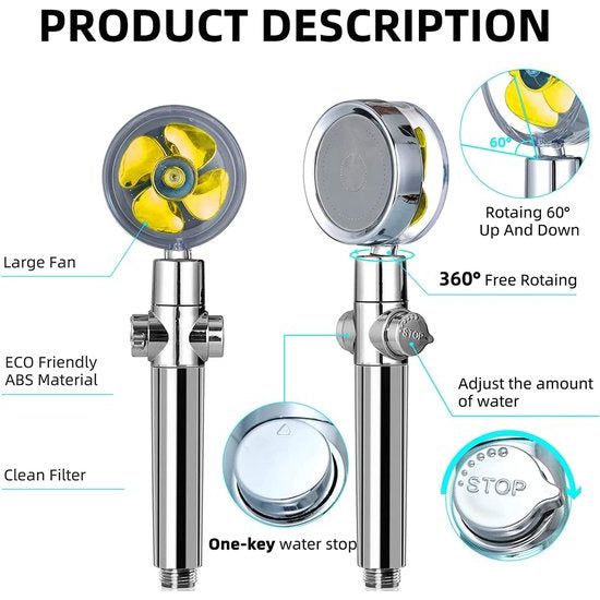 Pipihome - Hogedruk-waterbesparende douche, Inclusief 2 extra katoenfilters, 360 graden draaibare propeller-aangedreven handdouchekop met filter (Goud/Geel)