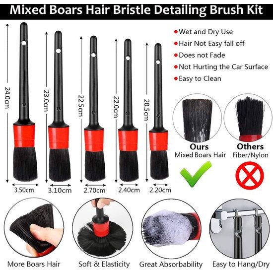 Autoreinigingsborstelset, 14-delige autodetailreinigingsborstelset, detaillering autoborstel voor detaillering op auto-interieur, exterieur, motor, ventilatieopeningen, dashboard, emblemen