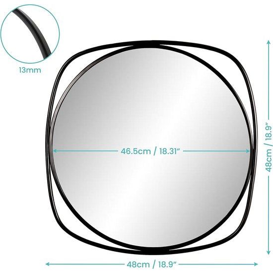 Ronde zwarte spiegel om op te hangen, met een vierkant metalen frame, een moderne decoratieve wandspiegel, geschikt voor de hal, badkamer en woonkamer, verticaal.