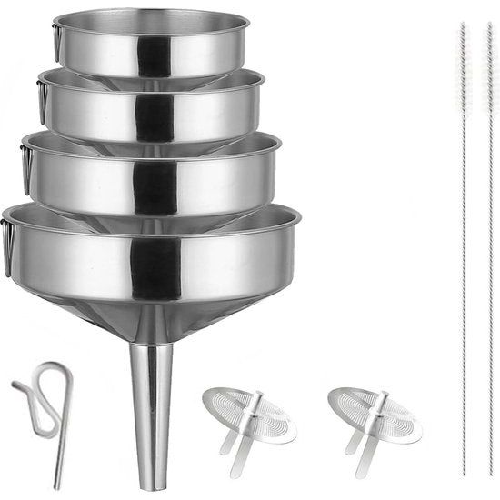 Roestvrijstalen trechterset, 4-delige roestvrijstalen keukenfiltertrechter voor het overvullen van vloeistoffen, spijsoliën, jam met afneembare zeef + reinigingsborstel + anti-blazengereedschap